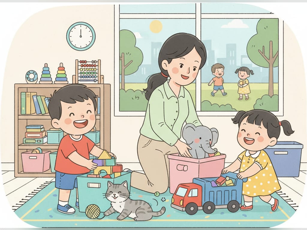 Bé Bi dọn đồ chơi gọn gàng