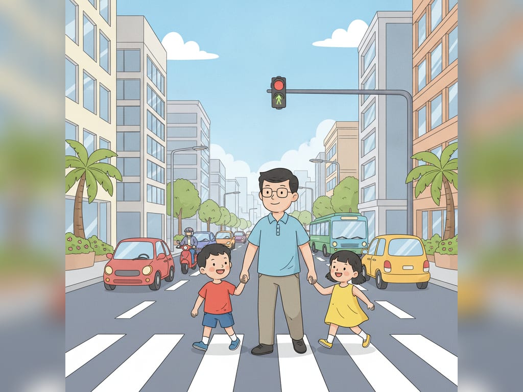 Bé Bi qua đường an toàn