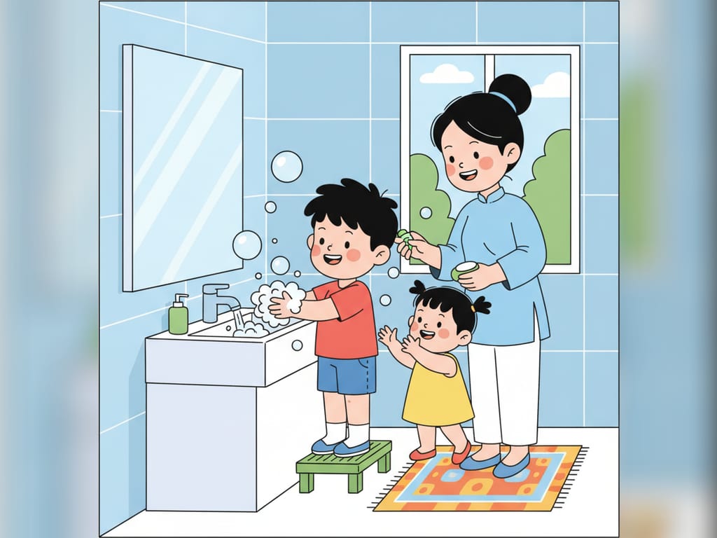 Bé Bi rửa tay sạch