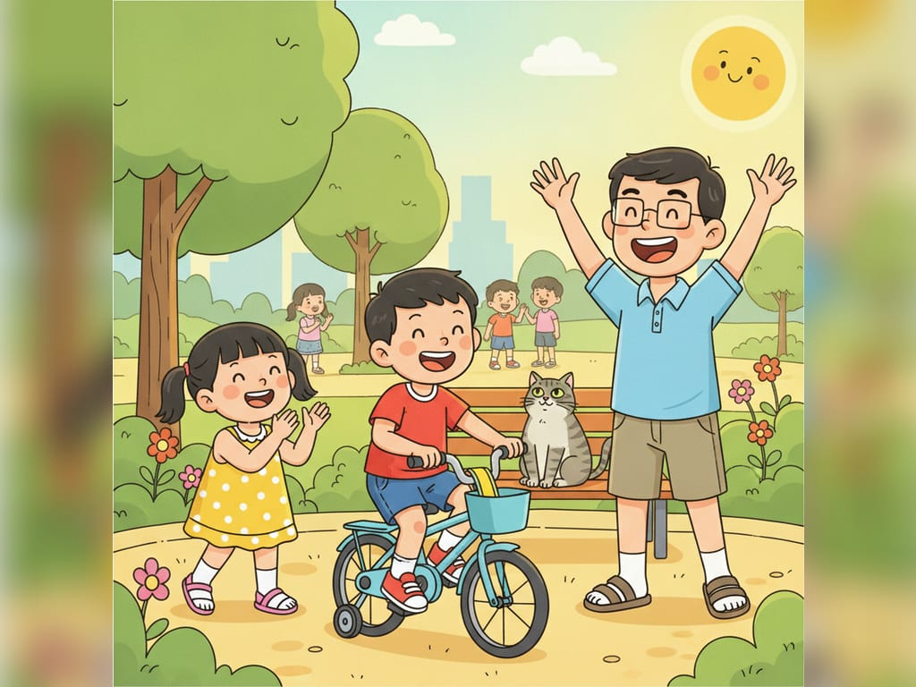 Bé Bi tập đi xe đạp