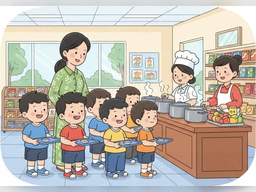Bé Bi biết xếp hàng